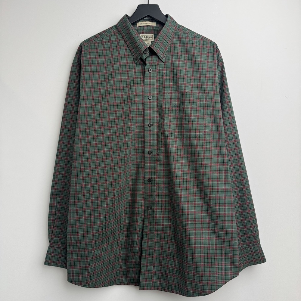LL Bean Button Up Shirt Mens XL Green Plaid Cotton Wrinkle Resistant Casual Wear
